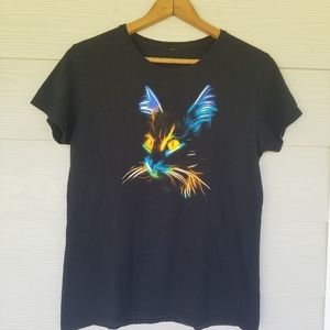 Womens Cat Tee Shirt Neon Colorful Design S/M Cat Lovers Fun Novelty T- Shirt